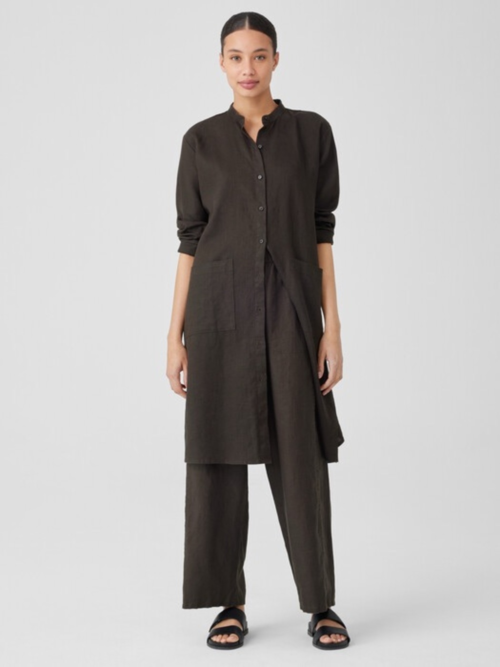 Eileen Fisher Brown 100% Organic Linen Shirt Dress Tunic XL Pockets Mandarin